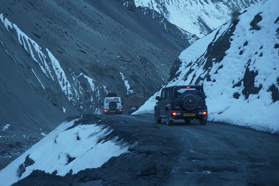 Spiti Valley 4x4 SUV In Kaza Winter Snowy Roads along a MountainBea Spiti Valley expedition route.